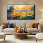 Impressionist hand-painted canvas of wildflower meadow at golden sunset in vibrant multicolored palette, contemporary living space