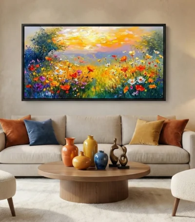 Impressionist hand-painted canvas of wildflower meadow at golden sunset in vibrant multicolored palette, contemporary living space