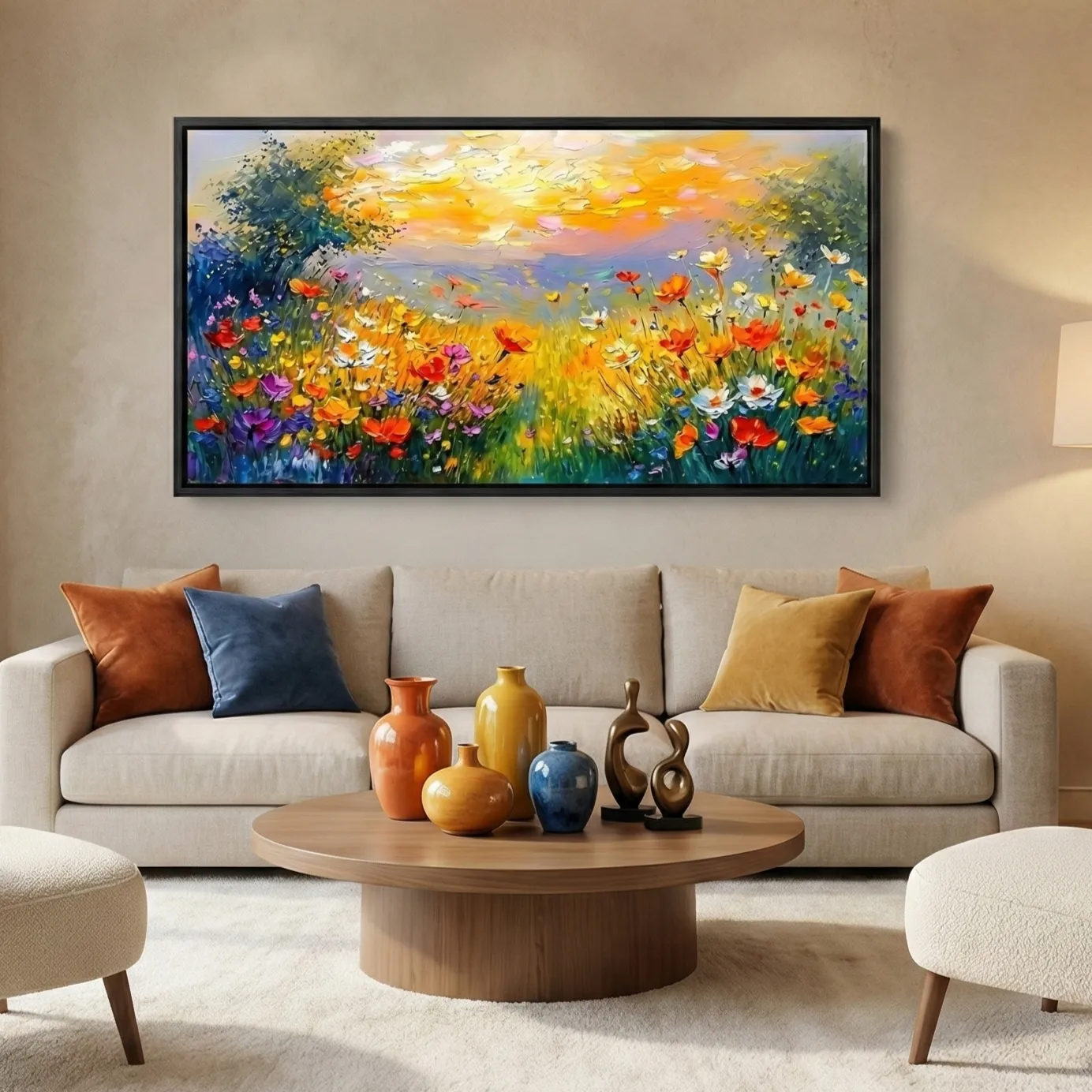 Vivid Horizon Garden Richly painted seasonal flora color wall art (4) Impressionist hand-painted canvas of wildflower meadow at golden sunset in vibrant multicolored palette, contemporary living space