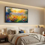 Impressionist hand-painted canvas depicting wildflower meadow at sunset in vibrant reds, golds and blues, modern bedroom