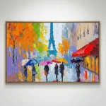 Contemporary figurative hand-painted canvas depicting figures with colorful umbrellas on a rainy Parisian street, vibrant palette of orange, blue, and purple tones
