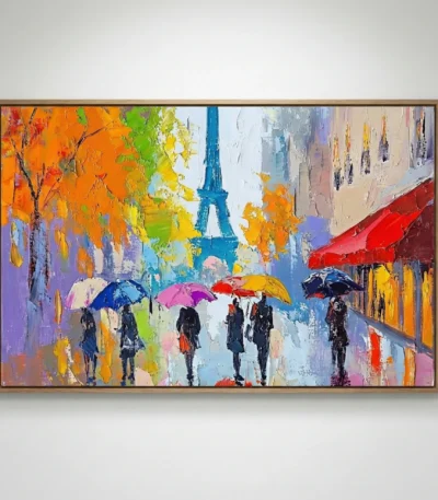 Contemporary figurative hand-painted canvas depicting figures with colorful umbrellas on a rainy Parisian street, vibrant palette of orange, blue, and purple tones