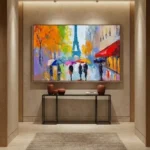 Impressionist hand-painted canvas depicting rainy Parisian street with umbrellas, vibrant multicolored palette, contemporary entryway