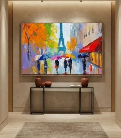 Impressionist hand-painted canvas depicting rainy Parisian street with umbrellas, vibrant multicolored palette, contemporary entryway
