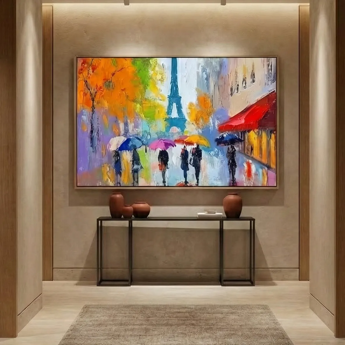 Vivid Umbrella Promenade Bold textured urban landscape color wall art (2) Impressionist hand-painted canvas depicting rainy Parisian street with umbrellas, vibrant multicolored palette, contemporary entryway