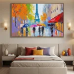 Gestural impressionist hand-painted canvas of Parisian street scene with umbrellas, Eiffel Tower, and vibrant autumn palette, modern bedroom setting