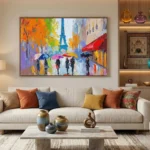 Impressionist hand-painted canvas depicting Parisian street scene with colorful umbrellas and Eiffel Tower in vibrant orange, purple, and blue tones, contemporary living space