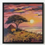 Impressionist hand-painted canvas depicting African landscape with acacia tree, traditional hut, and golden sunset in warm coral and amber tones