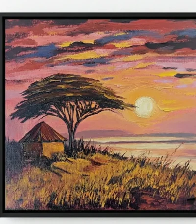Impressionist hand-painted canvas depicting African landscape with acacia tree, traditional hut, and golden sunset in warm coral and amber tones