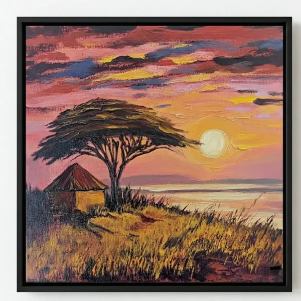 Impressionist hand-painted canvas depicting African landscape with acacia tree, traditional hut, and golden sunset in warm coral and amber tones