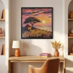 Impressionist landscape hand-painted canvas depicting African acacia tree at sunset with golden sky and grassland, warm terracotta and ochre tones, contemporary workspace