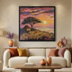 Impressionist landscape painting depicting acacia tree at sunset with golden grassland, warm coral and amber palette, contemporary living space