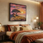 Impressionist landscape painting depicting acacia tree sunset with golden grasslands and warm pink sky, hand-painted canvas in warm bedroom setting