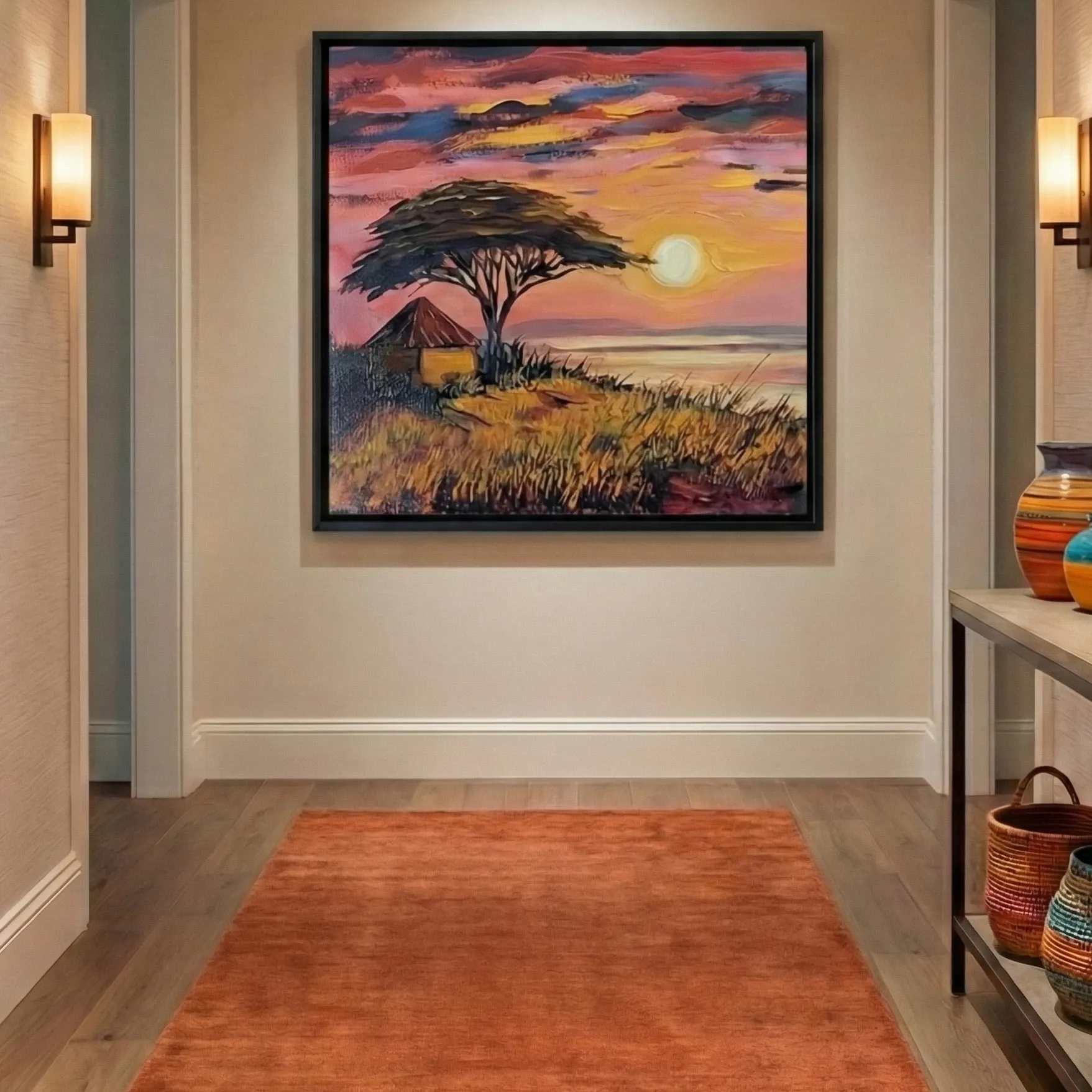 Warm Horizon Hues Vibrant hut and tree oil art color art (5) Figurative landscape hand-painted canvas depicting acacia tree and thatched hut at golden sunset in warm coral and ochre tones, contemporary entryway