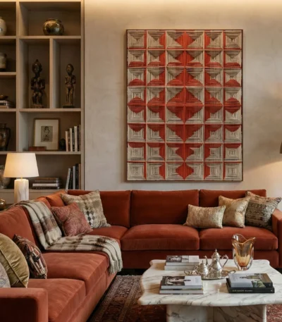 Geometric abstract hand-painted canvas in red and cream with concentric diamond pattern, contemporary living space
