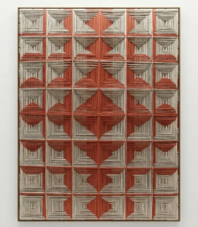 Geometric abstract hand-painted canvas with concentric squares and diamond patterns in terracotta and cream tones