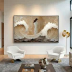 Textured figurative hand-painted canvas depicting a woman with flowing hair amid gestural ocean waves in cream, white, and warm earth tones, contemporary living space