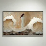 Textured figurative hand-painted canvas depicting a woman amid crashing waves in cream, tan, and ochre tones, displayed in a contemporary living space