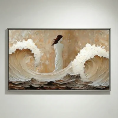 Textured figurative hand-painted canvas depicting a woman amid crashing waves in cream, tan, and ochre tones, displayed in a contemporary living space