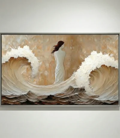 Textured figurative hand-painted canvas depicting a woman amid crashing waves in cream, tan, and ochre tones, displayed in a contemporary living space
