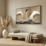 Textured contemporary hand-painted canvas depicting a figure amid crashing ocean waves in cream, white, and earth tones, styled in a modern living space