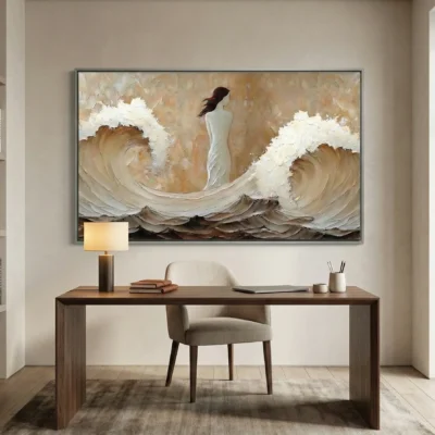 Textured figurative hand-painted canvas depicting woman amid crashing waves in cream and warm earth tones, contemporary workspace