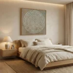 Minimalist hand-painted canvas with concentric circular labyrinth pattern in cream and grey tones, modern bedroom