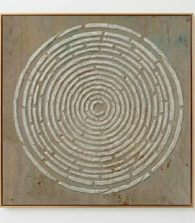 Minimalist hand-painted canvas featuring concentric circular maze pattern in white and cream tones on textured neutral background