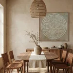 Minimalist hand-painted canvas depicting concentric white circular lines on textured neutral ground, contemporary dining space