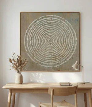 Minimalist hand-painted canvas with concentric circular labyrinth pattern in white and grey tones, contemporary workspace