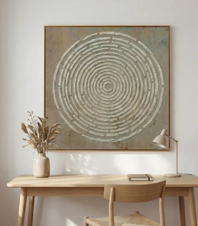 Minimalist hand-painted canvas with concentric circular labyrinth pattern in white and grey tones, contemporary workspace