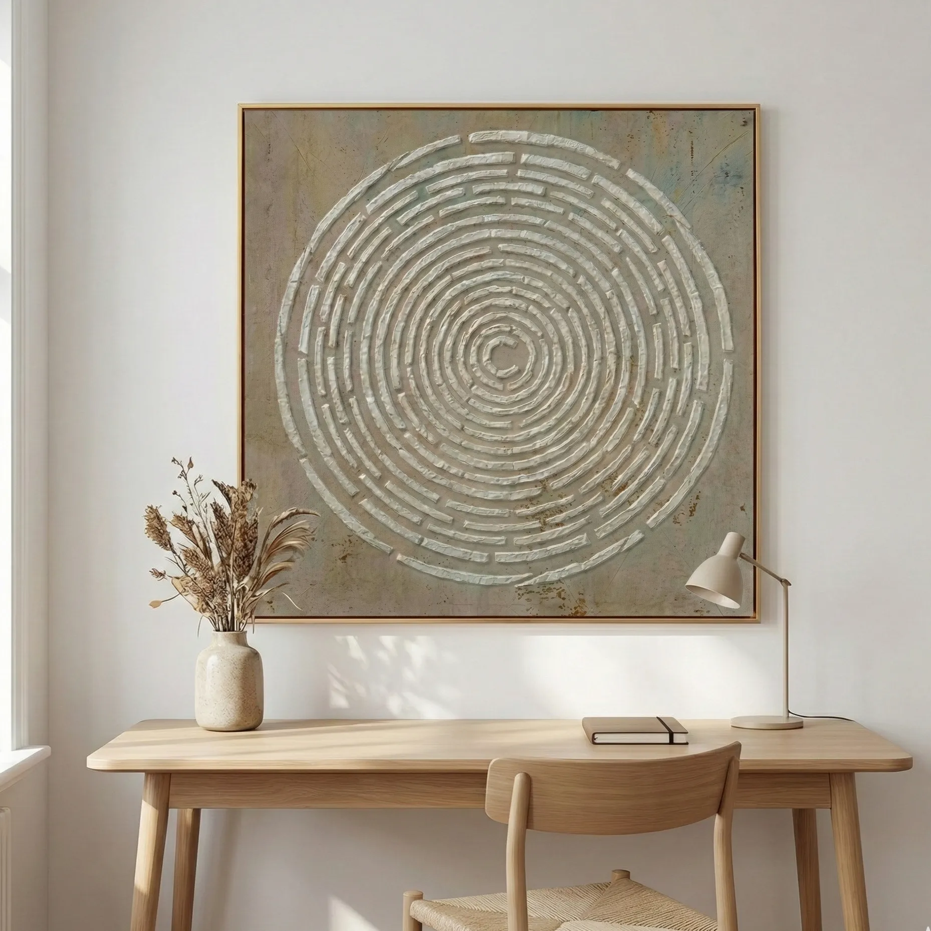 Weathered Vortex – Wabi Sabi Textured Wall Decor (4) Minimalist hand-painted canvas with concentric circular labyrinth pattern in white and grey tones, contemporary workspace