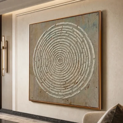 Weathered Vortex textured wall art shown framed on the wall in a styled interior