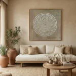 Minimalist hand-painted canvas featuring concentric white labyrinth circles on textured sage and grey ground, contemporary living space