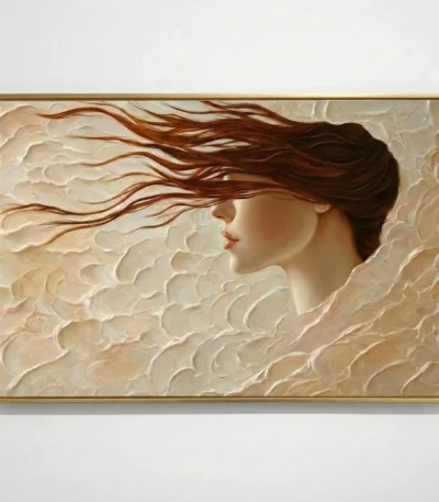 Textured contemporary hand-painted canvas of woman in profile with flowing brown hair, cream and beige palette, modern interior