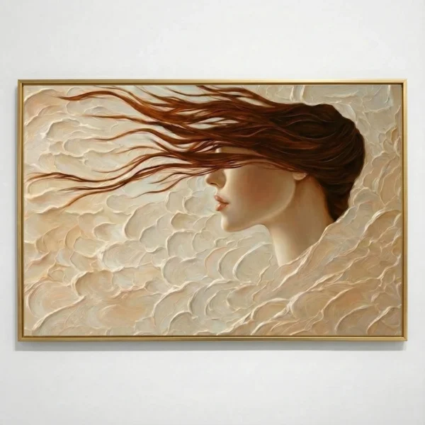 Textured contemporary hand-painted canvas of woman in profile with flowing brown hair, cream and beige palette, modern interior