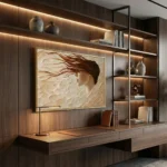 Textured figurative hand-painted canvas depicting woman's profile with flowing hair in cream and terracotta tones, contemporary interior