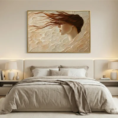 Textured hand-painted canvas of a woman's profile with flowing auburn hair in cream and warm earth tones, contemporary bedroom setting