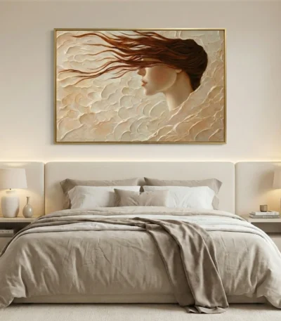 Textured hand-painted canvas of a woman's profile with flowing auburn hair in cream and warm earth tones, contemporary bedroom setting