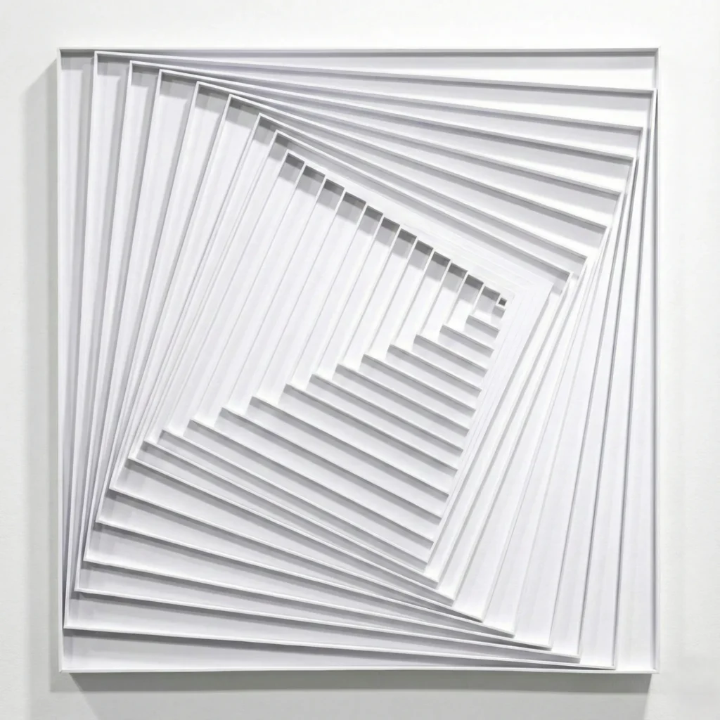 Minimalist hand-painted canvas featuring nested square frames in white and grey tones, white wall