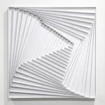 Minimalist hand-painted canvas featuring nested square frames in white and grey tones, white wall