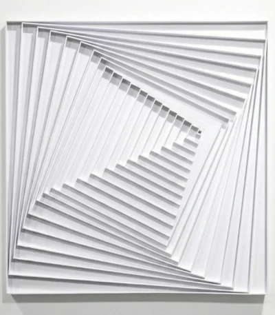 Minimalist hand-painted canvas featuring nested square frames in white and grey tones, white wall