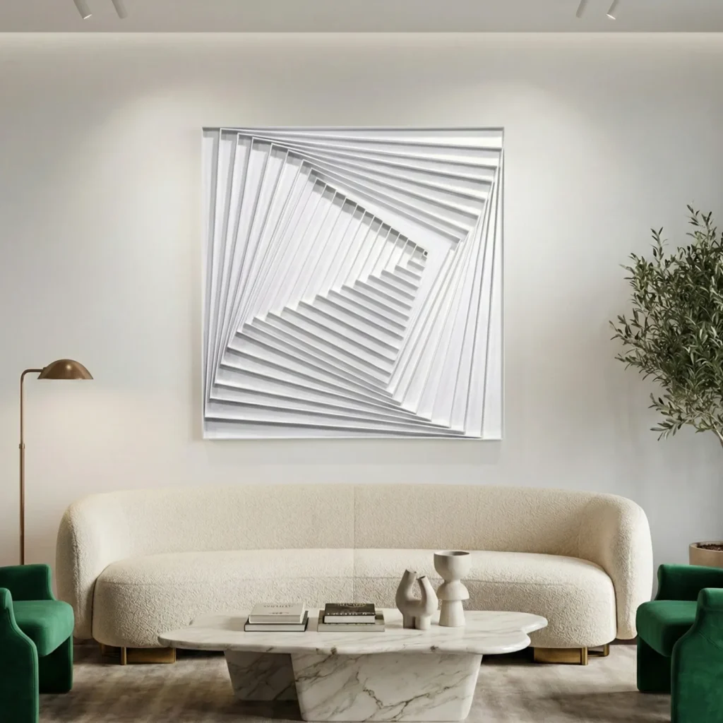 Minimalist abstract hand-painted canvas with nested square compositions in monochromatic grays and whites, contemporary living space