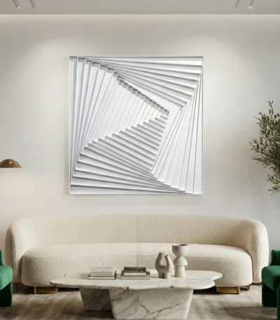 Minimalist abstract hand-painted canvas with nested square compositions in monochromatic grays and whites, contemporary living space