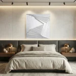 Minimalist hand-painted canvas with nested square geometric forms in white and grey tones, contemporary bedroom