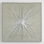 Contemporary hand-painted canvas with radiating lines converging at center point in soft greens and whites
