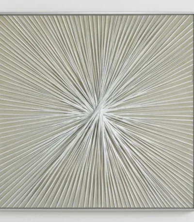 Contemporary hand-painted canvas with radiating lines converging at center point in soft greens and whites