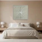 Minimalist hand-painted canvas with radiating linear strokes converging to center point in soft sage and cream tones, modern bedroom