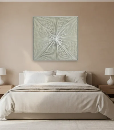 Minimalist hand-painted canvas with radiating linear strokes converging to center point in soft sage and cream tones, modern bedroom