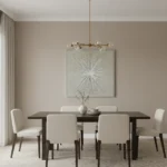 Minimalist hand-painted canvas with radiating linear patterns in soft sage and cream tones, dining space